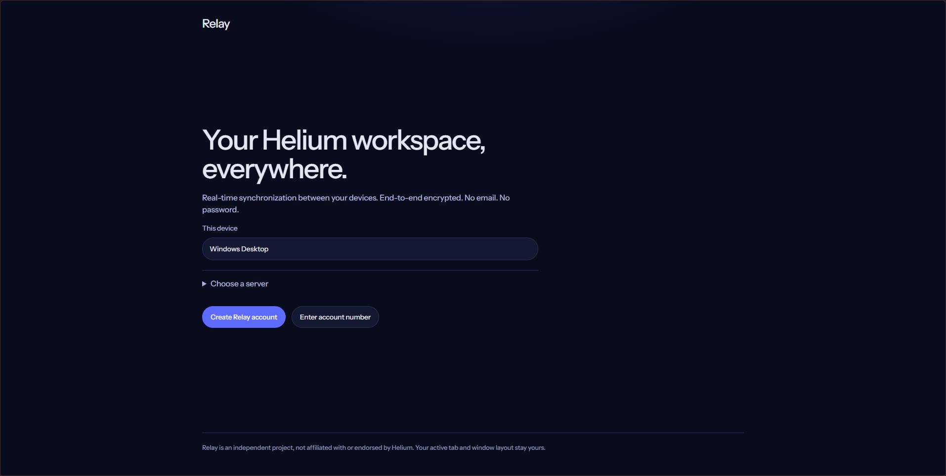 Relay onboarding screen for creating or joining an encrypted workspace