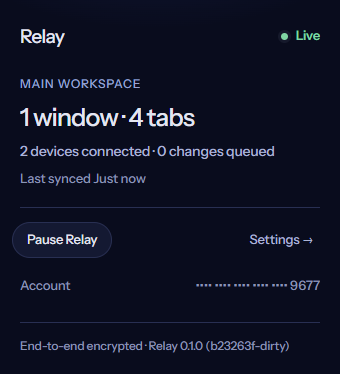 Relay browser popup showing a live workspace and two connected devices